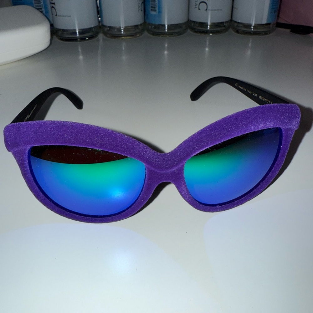 Purple Cat-Eye Suede Sunglasses with Green Lenses